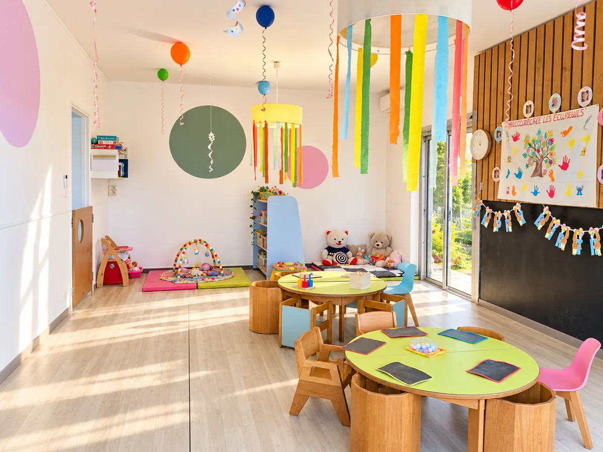 Salle d'activités lumineuse d'une crèche avec tables rondes en bois, chaises d'enfants, tapis d'éveil, peluches et guirlandes colorées, idéale pour présenter les espaces d'accueil.